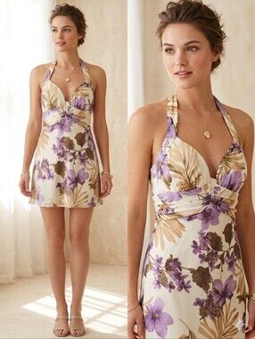 Speechless Halter Dress Medium Cream Purple Floral Ruched Sweetheart Midi New